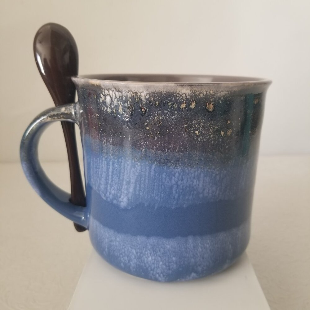 Large 16oz Blue Gray Ceramic Glazed San Diego Coffee Mug Cup with Spoon - Picture 5 of 14